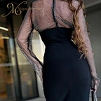 see through black rhinestone dress